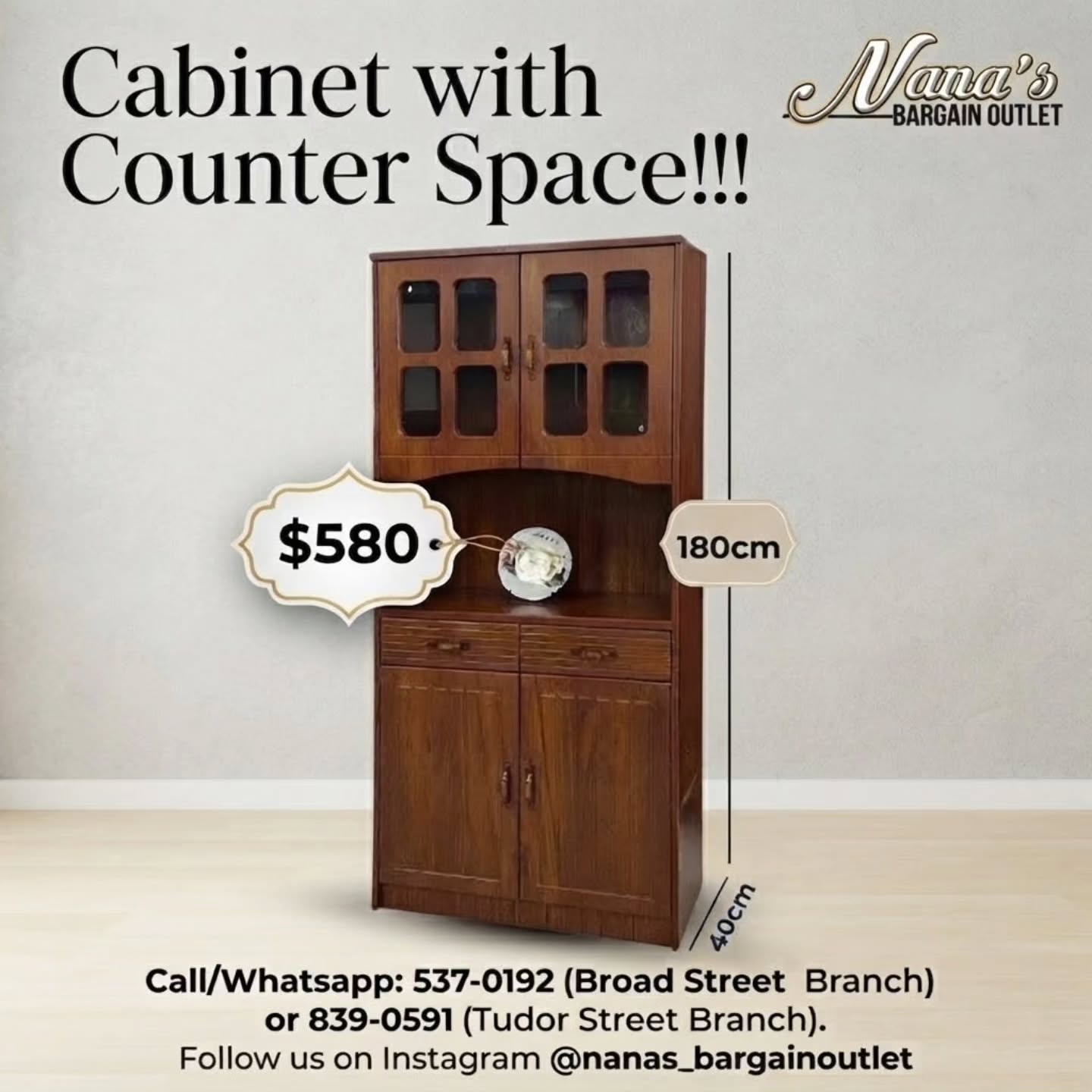 Cabinet with Counter Space – $580 at Nana's Bargain Outlet