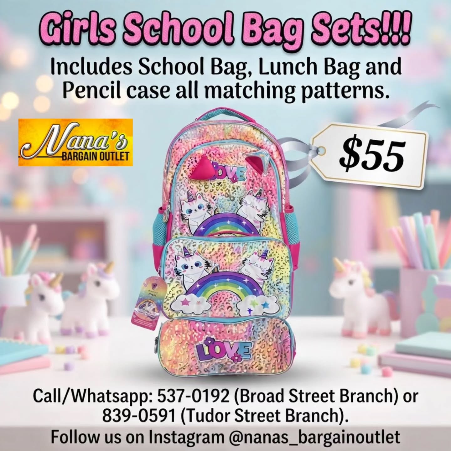 Girls School Bag Sets – $55 at Nana's Bargain Outlet