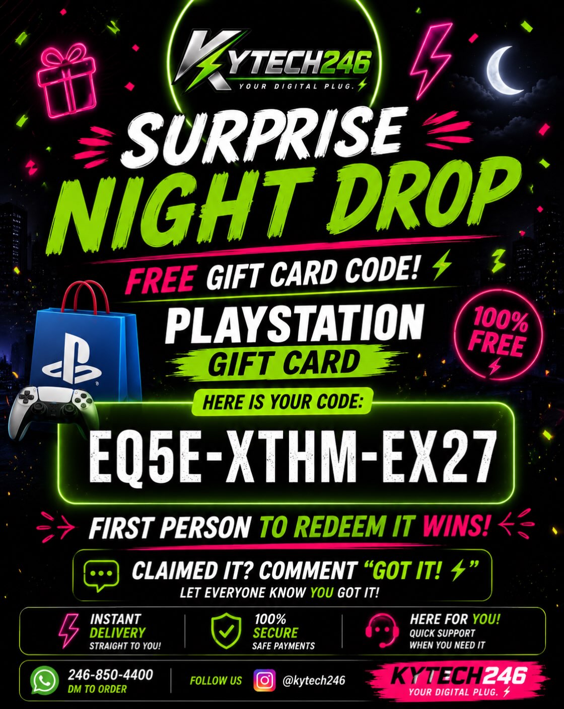 Kytech246 Surprise Night Drop – Free PlayStation Gift Card Code Giveaway