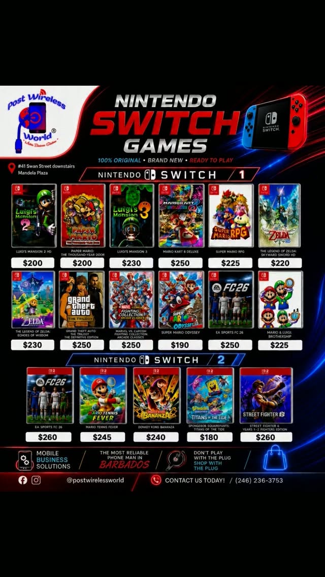 Nintendo Switch Games from $180 BBD at PostWirelessWorld