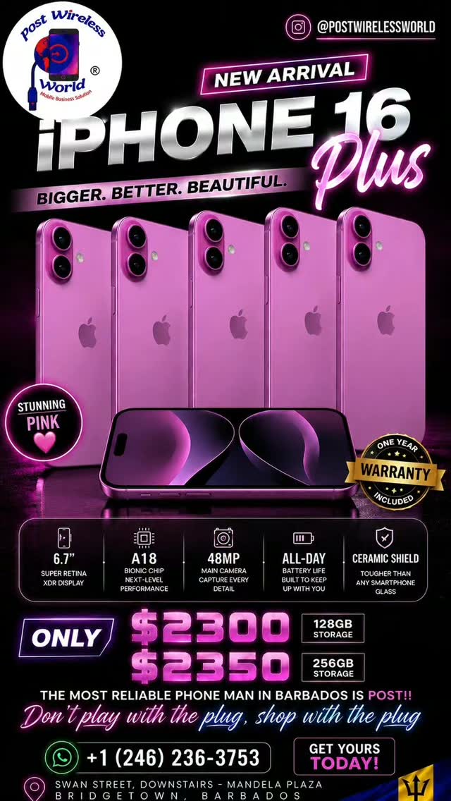 iPhone 16 Plus – Stunning Pink Now Available from $2300 BBD