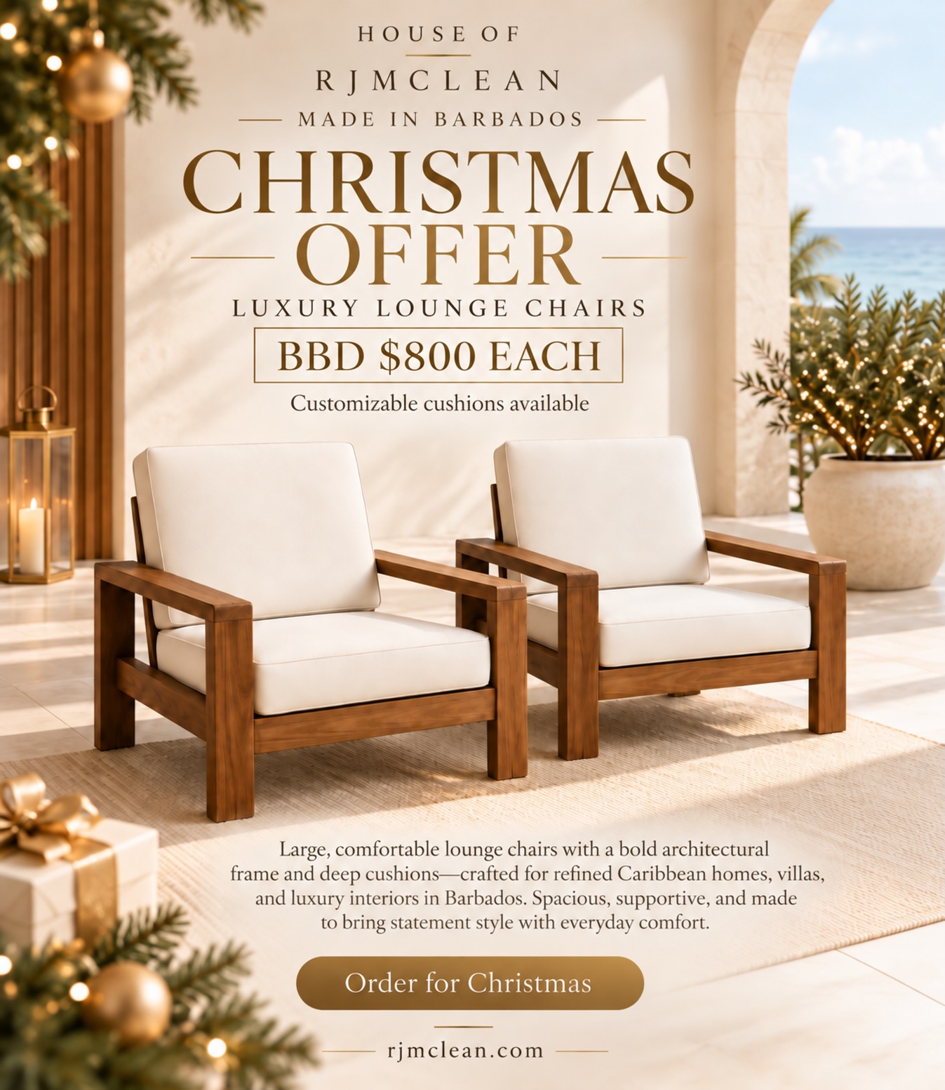 Christmas Offer: Luxury Lounge Chairs BBD $800 Each