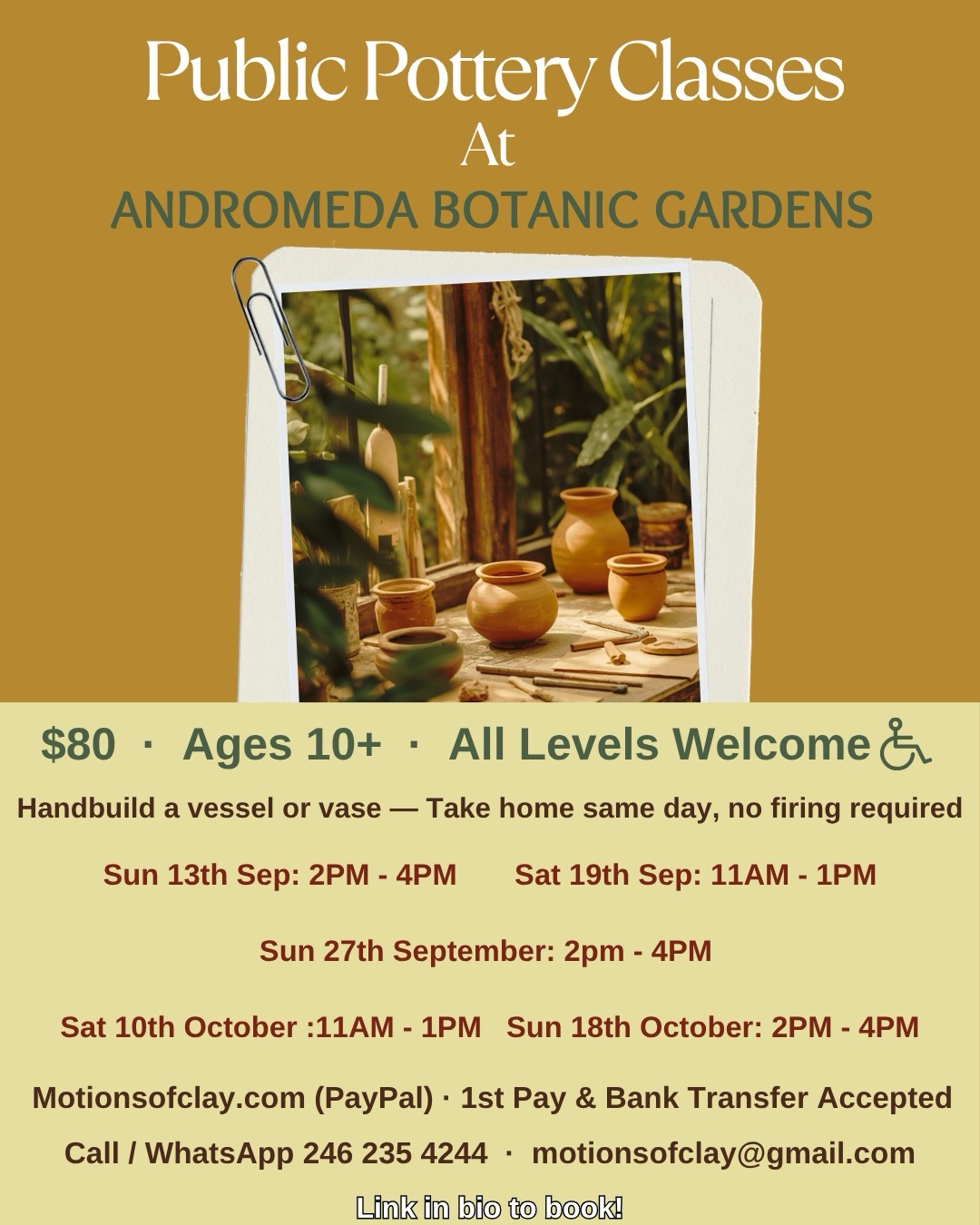 Public Pottery Classes at Andromeda Botanic Gardens – $80 per session