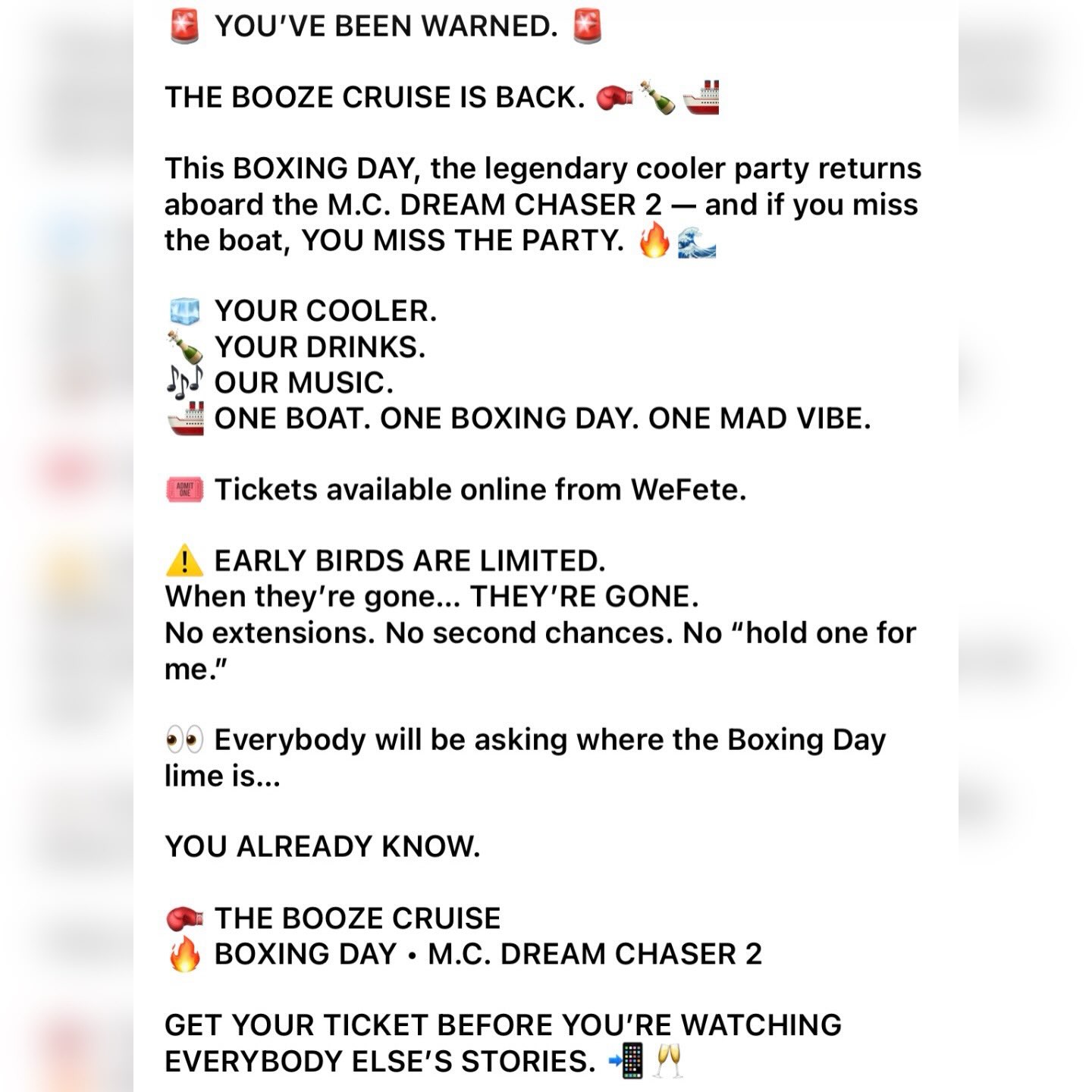 The Booze Cruise – Boxing Day Cooler Party aboard M.C. Dream Chaser 2