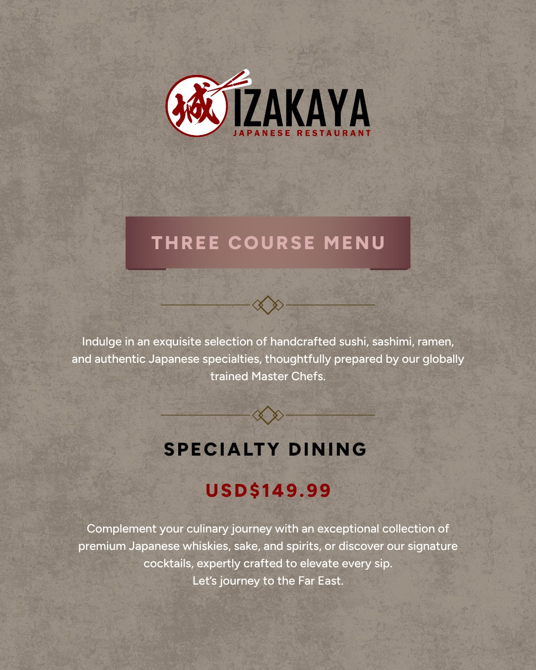 Izakaya Japanese Restaurant – Three-Course Specialty Dining at USD $149.99 (Non-Resident Guests)