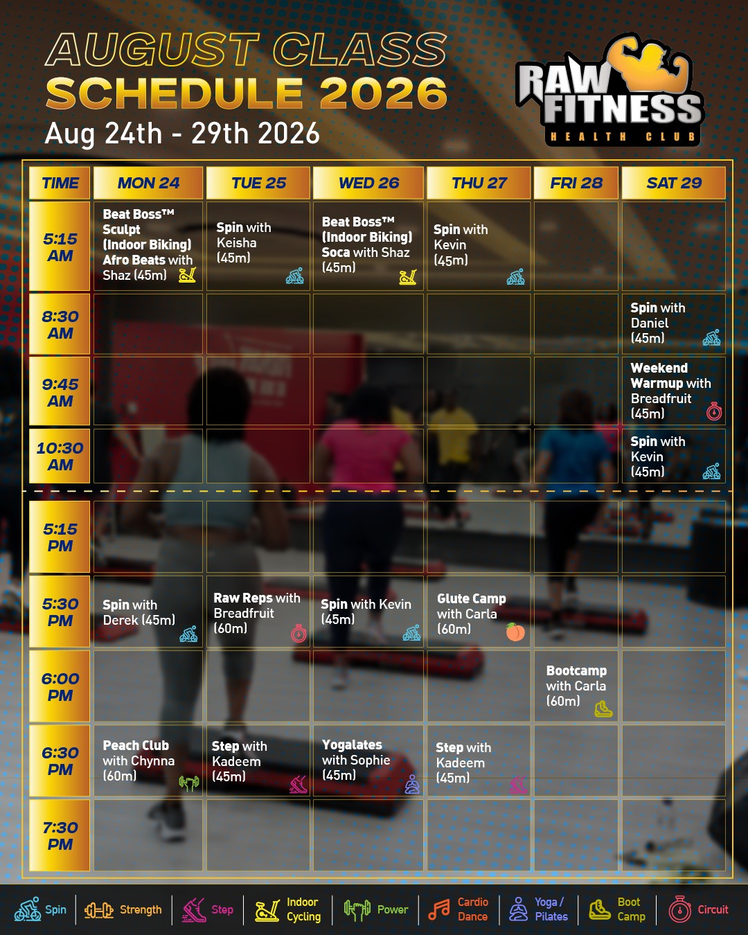 Raw Fitness August Class Schedule – Unlimited Classes from BBD $60/month