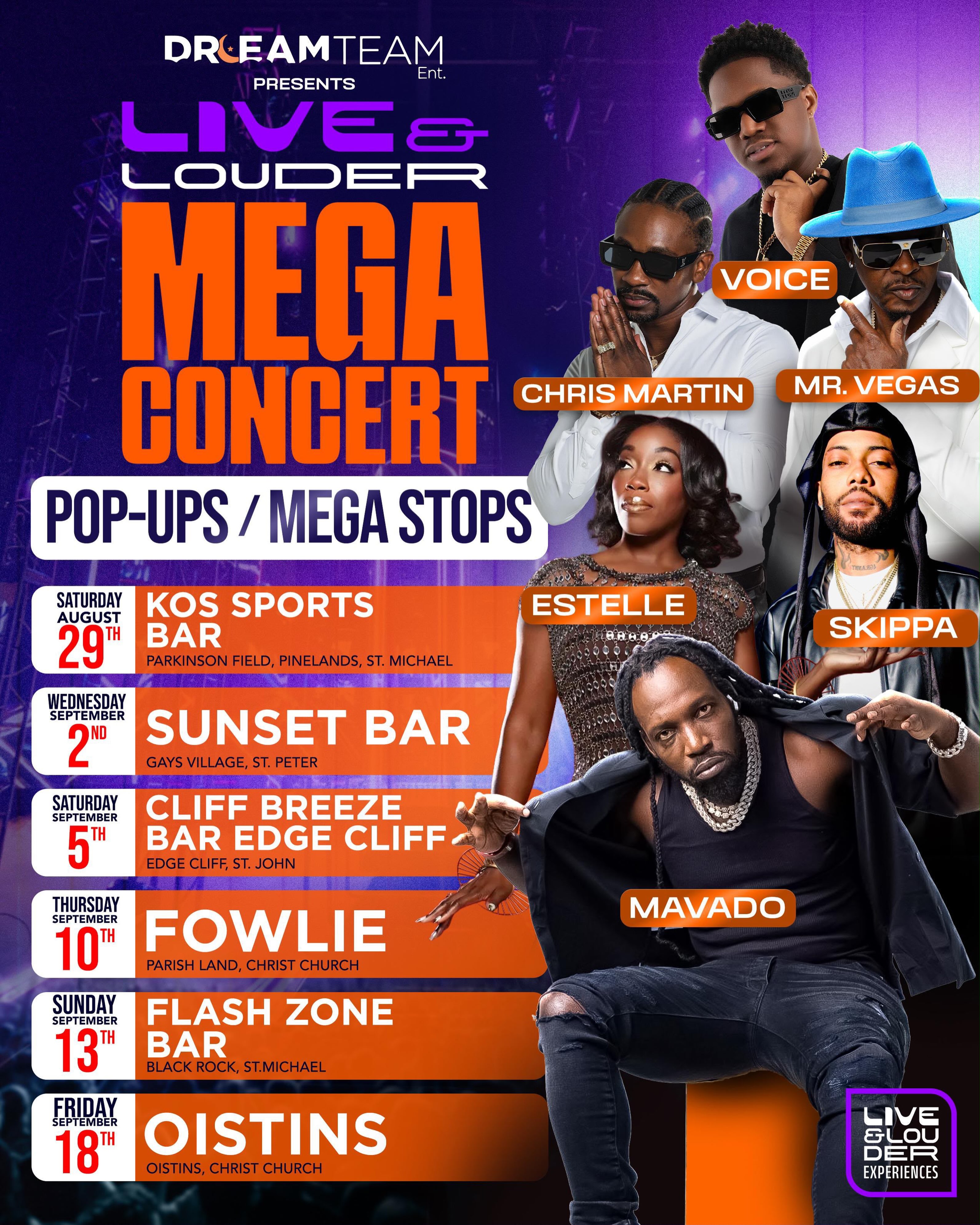 Live & Louder Mega Concert Pop-Ups & Mega Stops – Multiple Barbados Locations