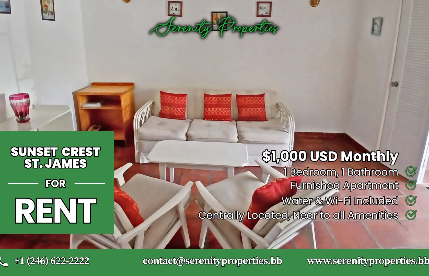 Furnished 1-Bedroom Apartment for Rent in Sunset Crest, St. James – $1,000 USD/Month
