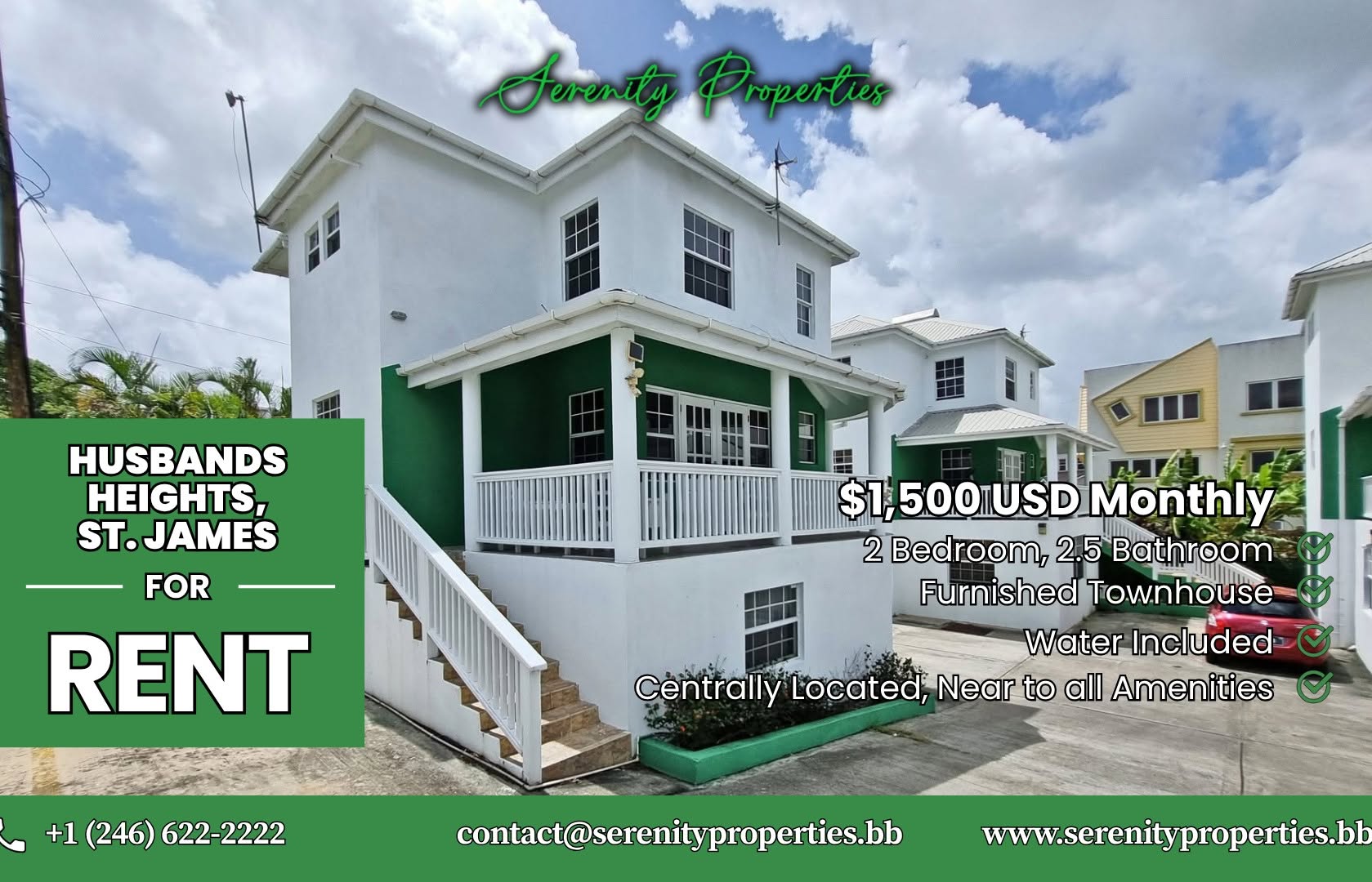 Furnished 2-Bed Townhouse for Rent in Husbands Heights, St. James – $1,500 USD/Month