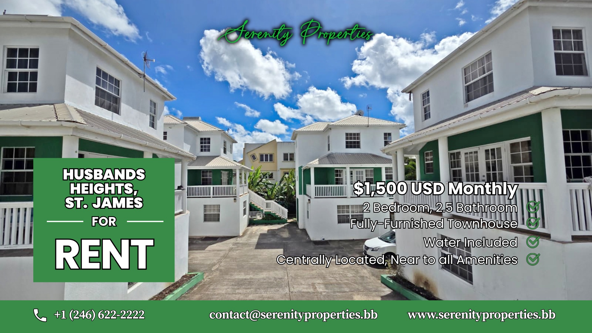 Fully Furnished 2-Bed Townhouse for Rent in Husbands Heights, St. James – $1,500 USD/Month