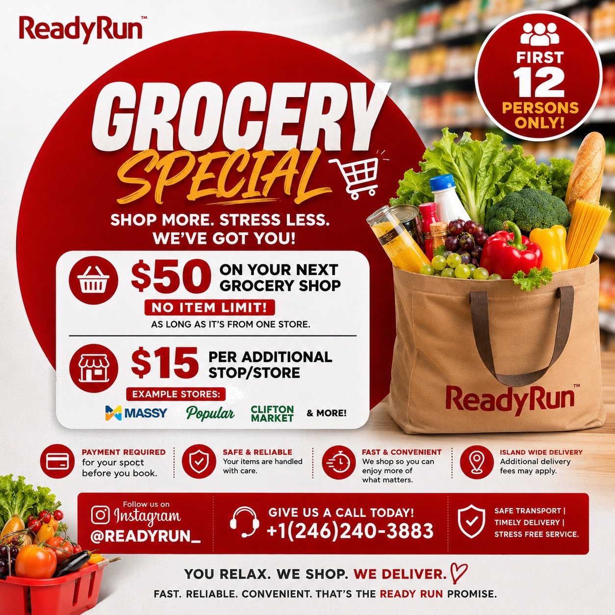 ReadyRun Grocery Special – First 12 Customers: $50 Per Shop, $15 Per Extra Stop