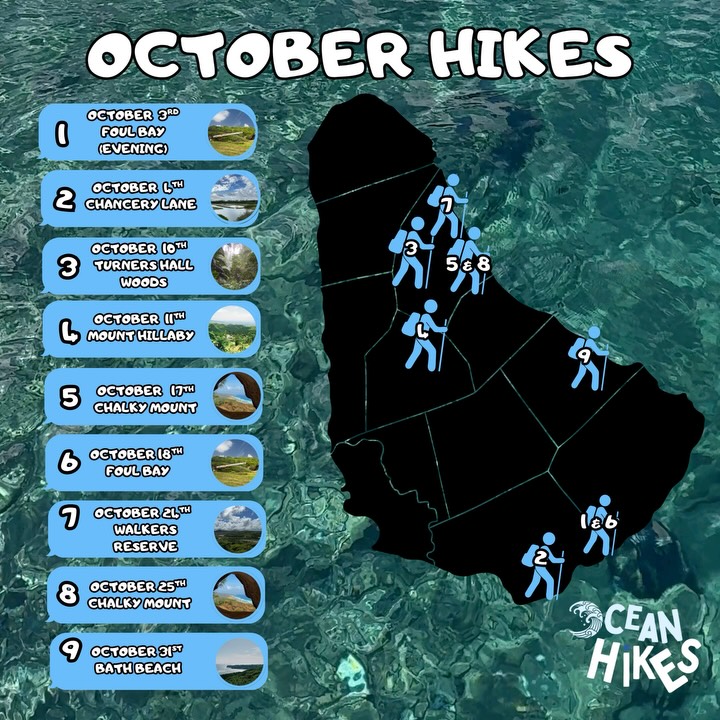 Ocean Hikes October Schedule – 9 Guided Nature Hikes at $50 BDS Per Person