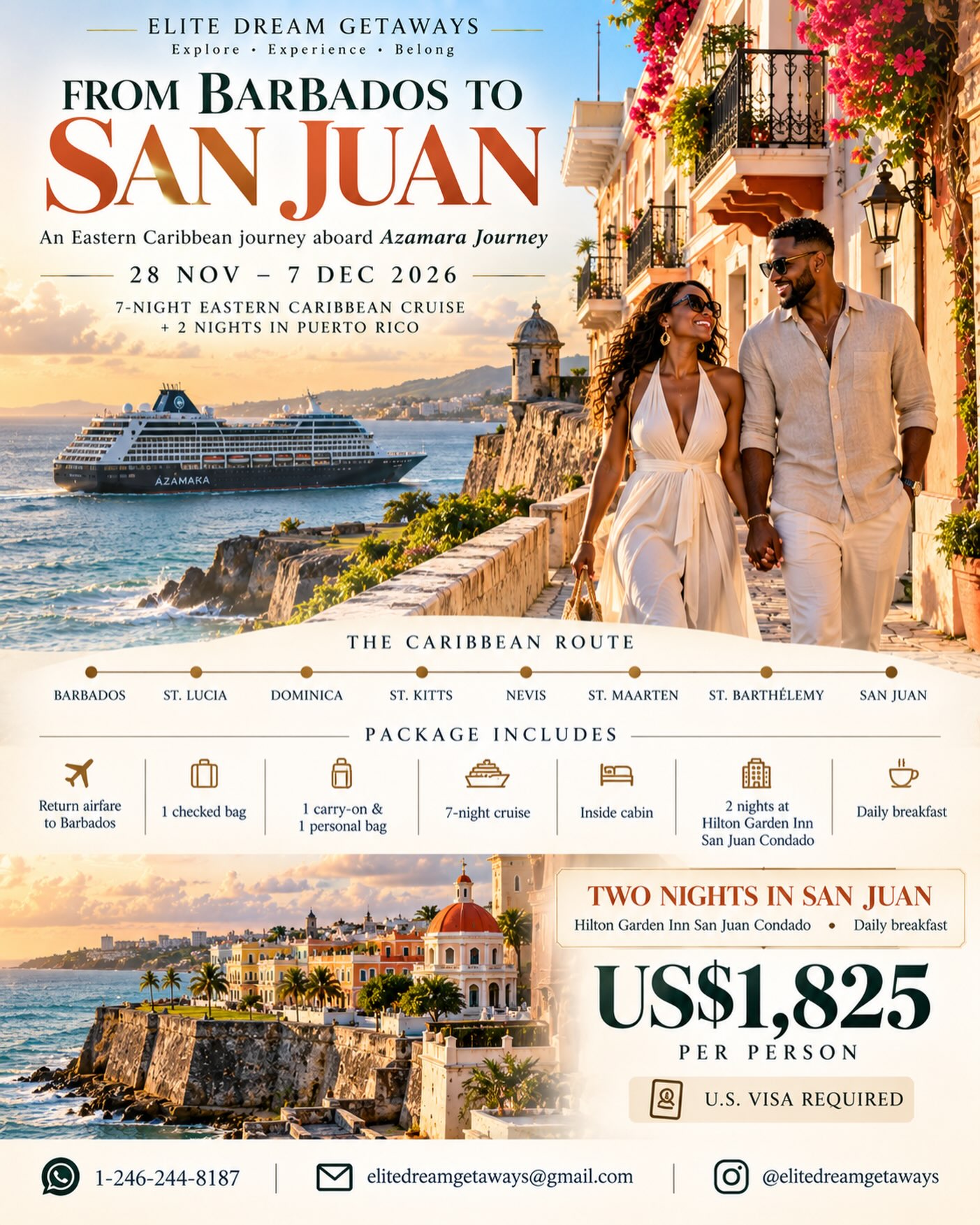 Barbados to San Juan: 7-Night Azamara Journey Cruise + 2 Nights Puerto Rico – US$1,825 pp