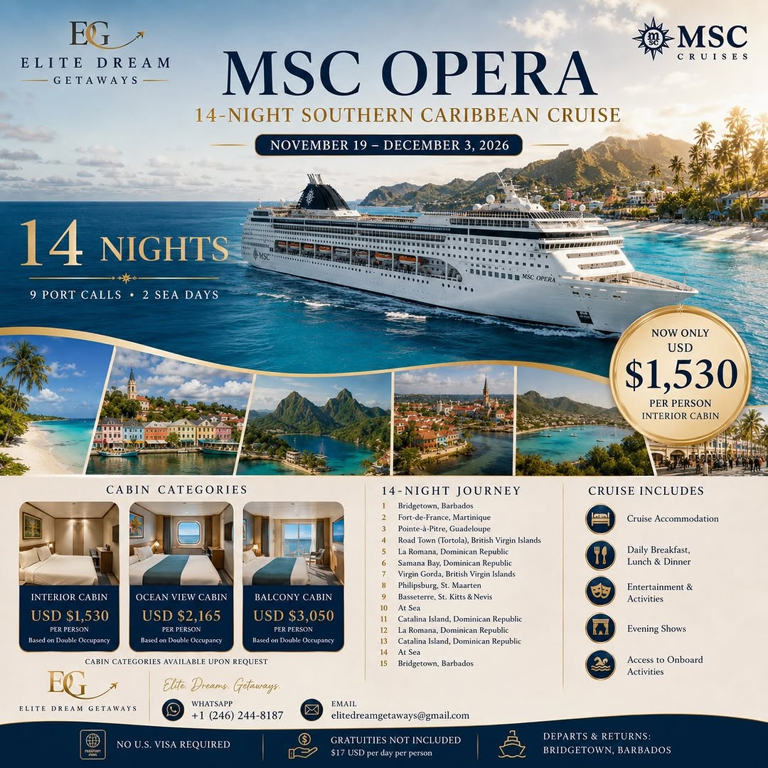MSC Opera 14-Night Southern Caribbean Cruise from Barbados – From USD $1,530 pp