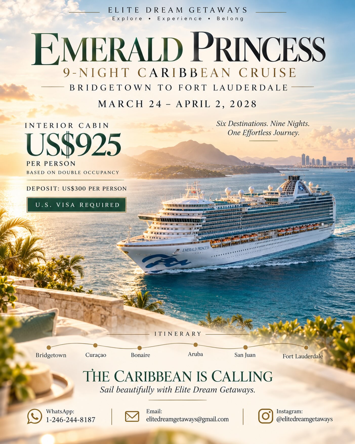 Emerald Princess 9-Night Caribbean Cruise – Bridgetown to Fort Lauderdale from US$925pp