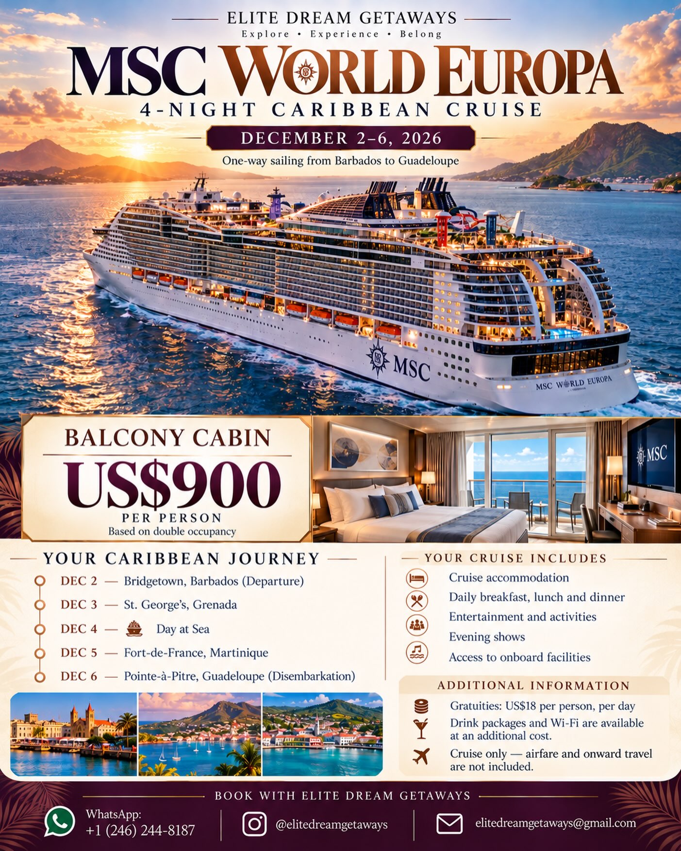 MSC World Europa 4-Night Caribbean Cruise – Balcony Cabins from US$900pp