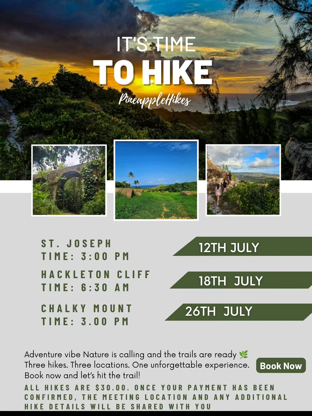 Pineapple Hikes – Three Hike Series: St. Joseph, Hackleton Cliff & Chalky Mount – $30 Each