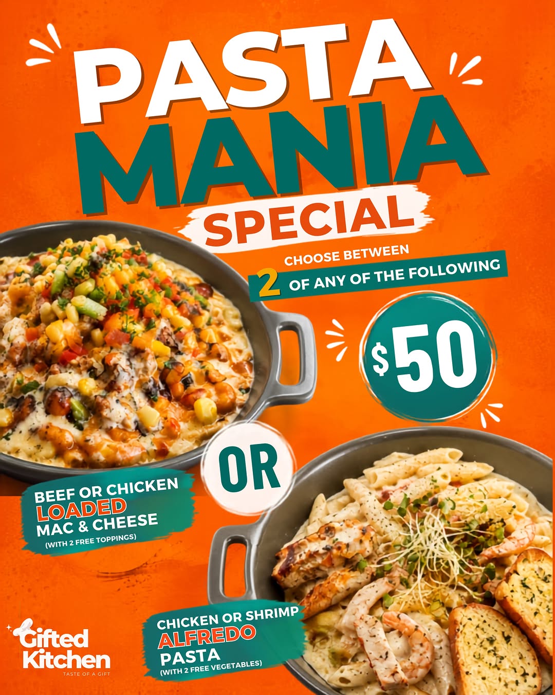 Pasta Mania Special – 2 Pasta Dishes for $50 at Gifted Kitchen