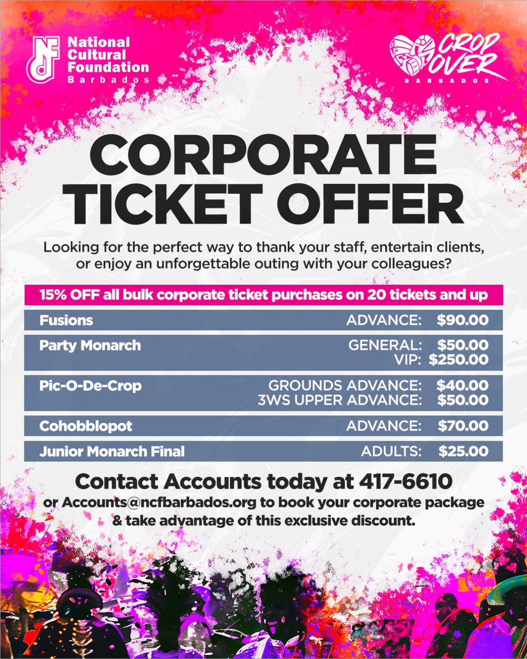 NCF Barbados Crop Over 2026 Corporate Ticket Offer – 15% Off Bulk Purchases