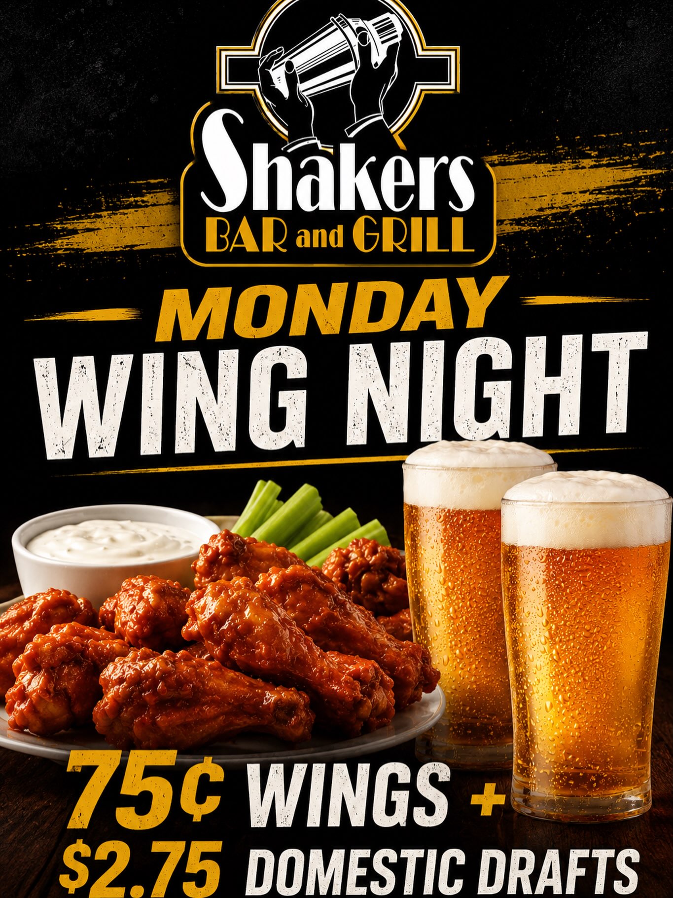 Monday Wing Night – 75¢ Wings & $2.75 Domestic Drafts at Shakers Bar & Grill