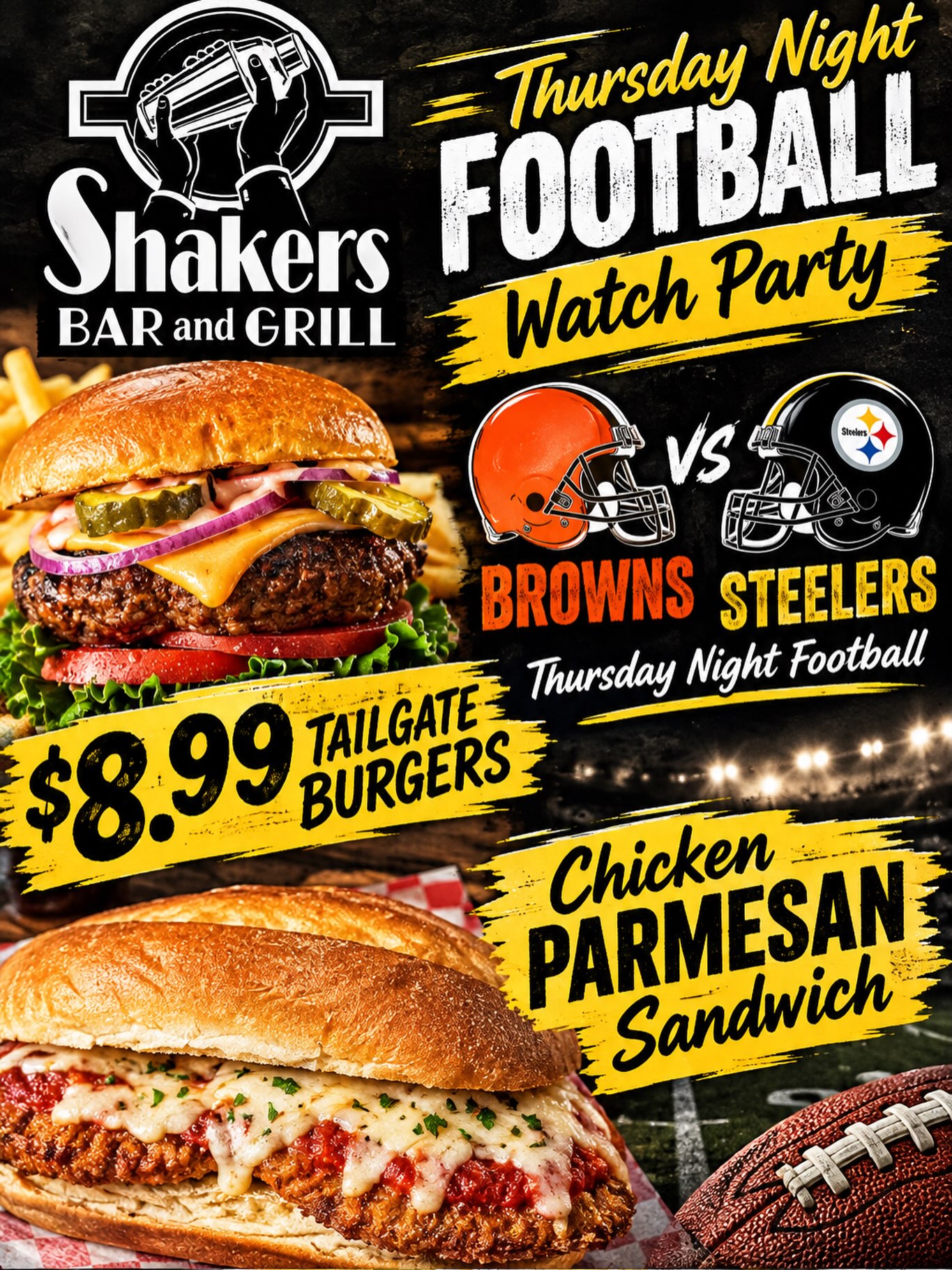 Thursday Night Football Watch Party – $8.99 Tailgate Burgers & Chicken Parmesan Sandwich
